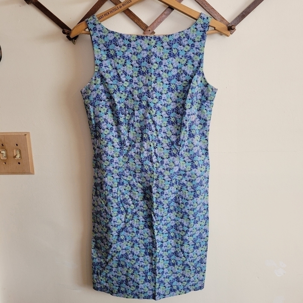 Vintage Express Tank Top Mini Dress Blue Floral Stretch Small 5/6 Y2K Coastal
